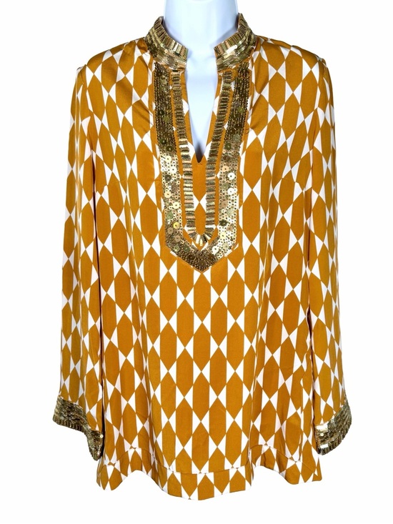 Tory Burch Tops - Tory Burch NWT Silk Embellished Tunic Beaded Sequin Orange Geometric Top Size 4